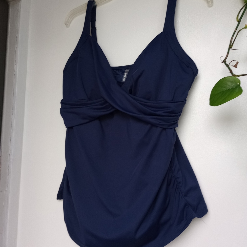 Lands End Chlorine Resist Wrap Underwire Tankini Tummy Control Swimsuit Top Navy